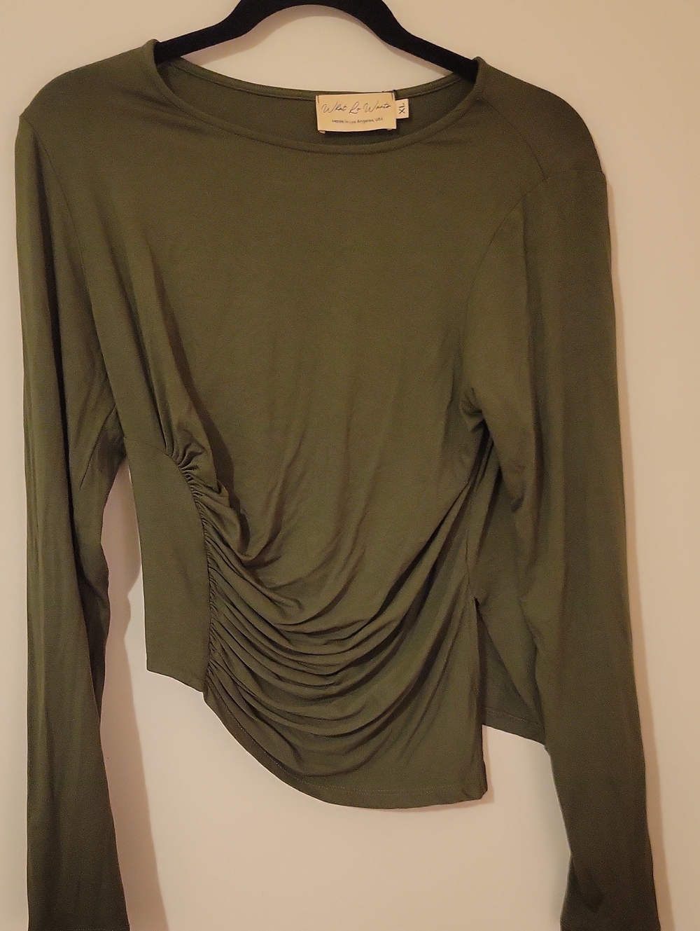 42G What Lo Wants Olive Long-Sleeve Ruched Side Top Stretchy!